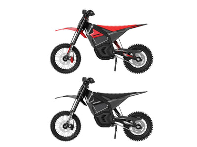 Two views of a small electric dirt bike on a plain white background, shown from the side. The top view shows the bike in red and black, and the bottom view shows it in black and gray.