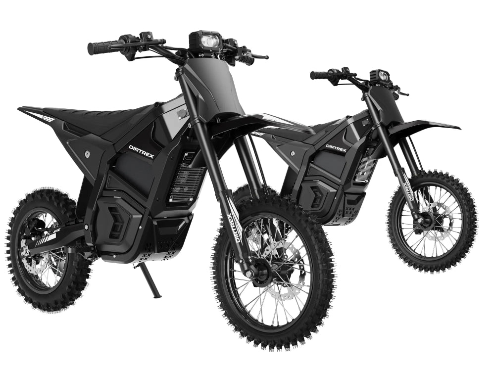 Two black electric dirt bikes shown on a clean white background, with one in the foreground and a second angled bike behind it.